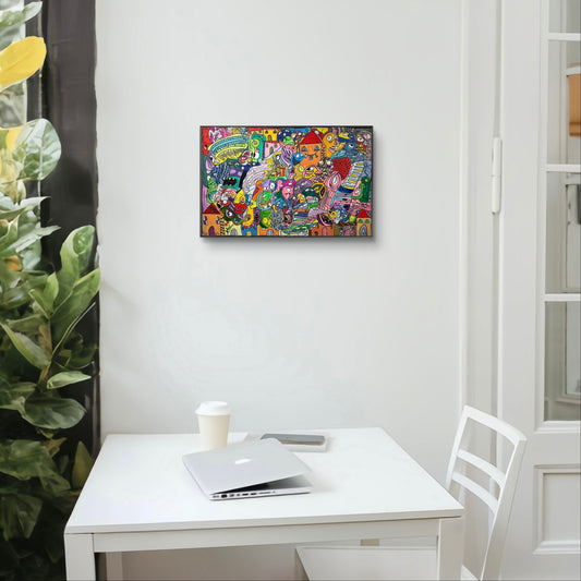 Colorful abstract artwork with various shapes and patterns on a white background