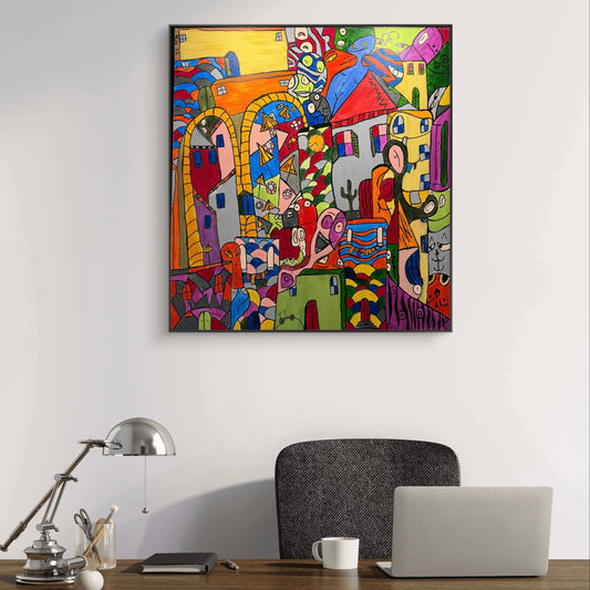 Colorful abstract artwork with various shapes and patterns