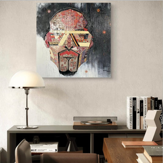 Abstract art piece with geometric patterns on a textured background