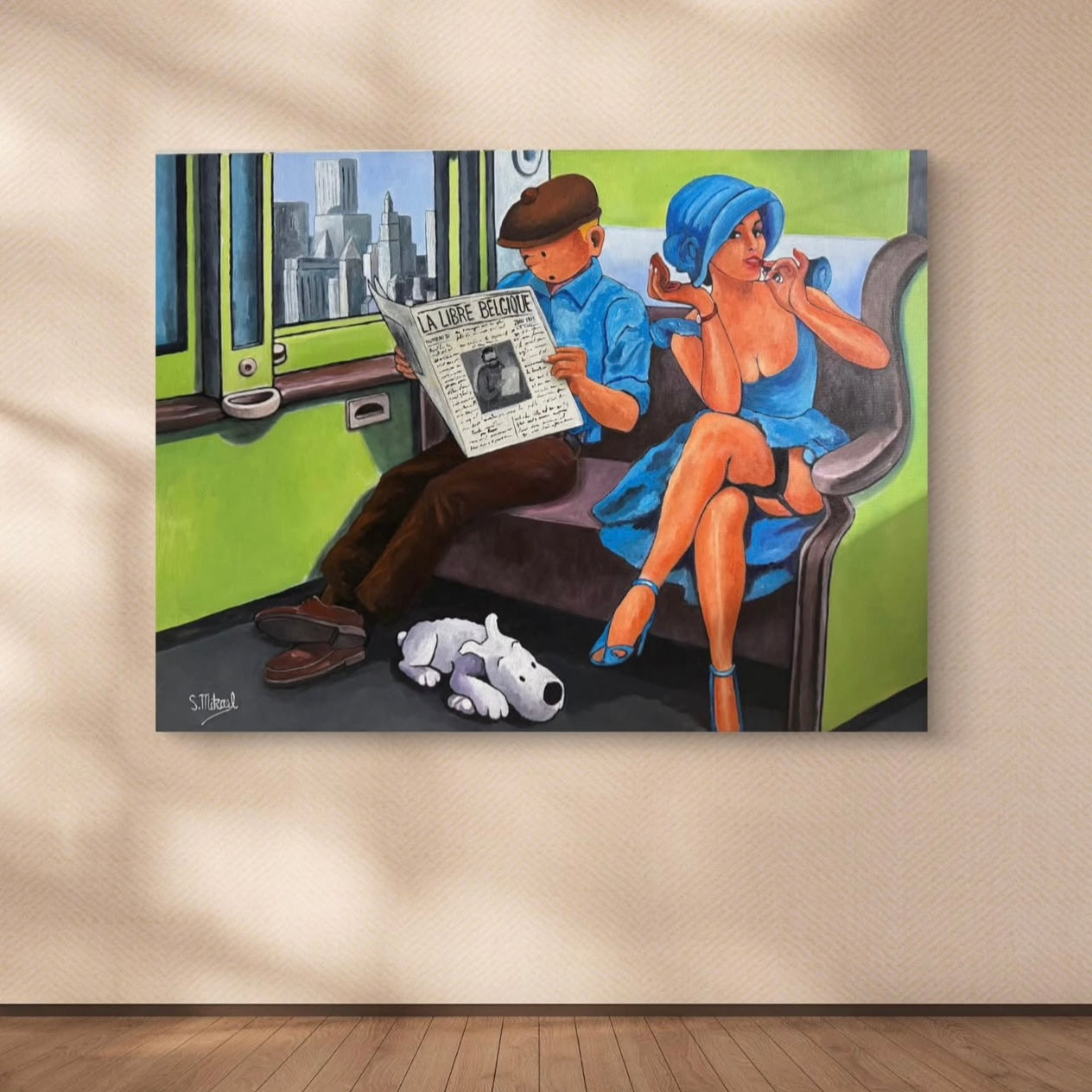 Artistic depiction of a man reading a newspaper and a woman smoking on a train, with a cityscape in the background.