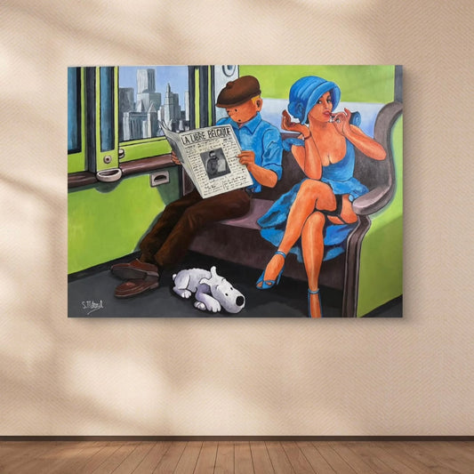 Artistic depiction of a man reading a newspaper and a woman smoking on a train, with a cityscape in the background.
