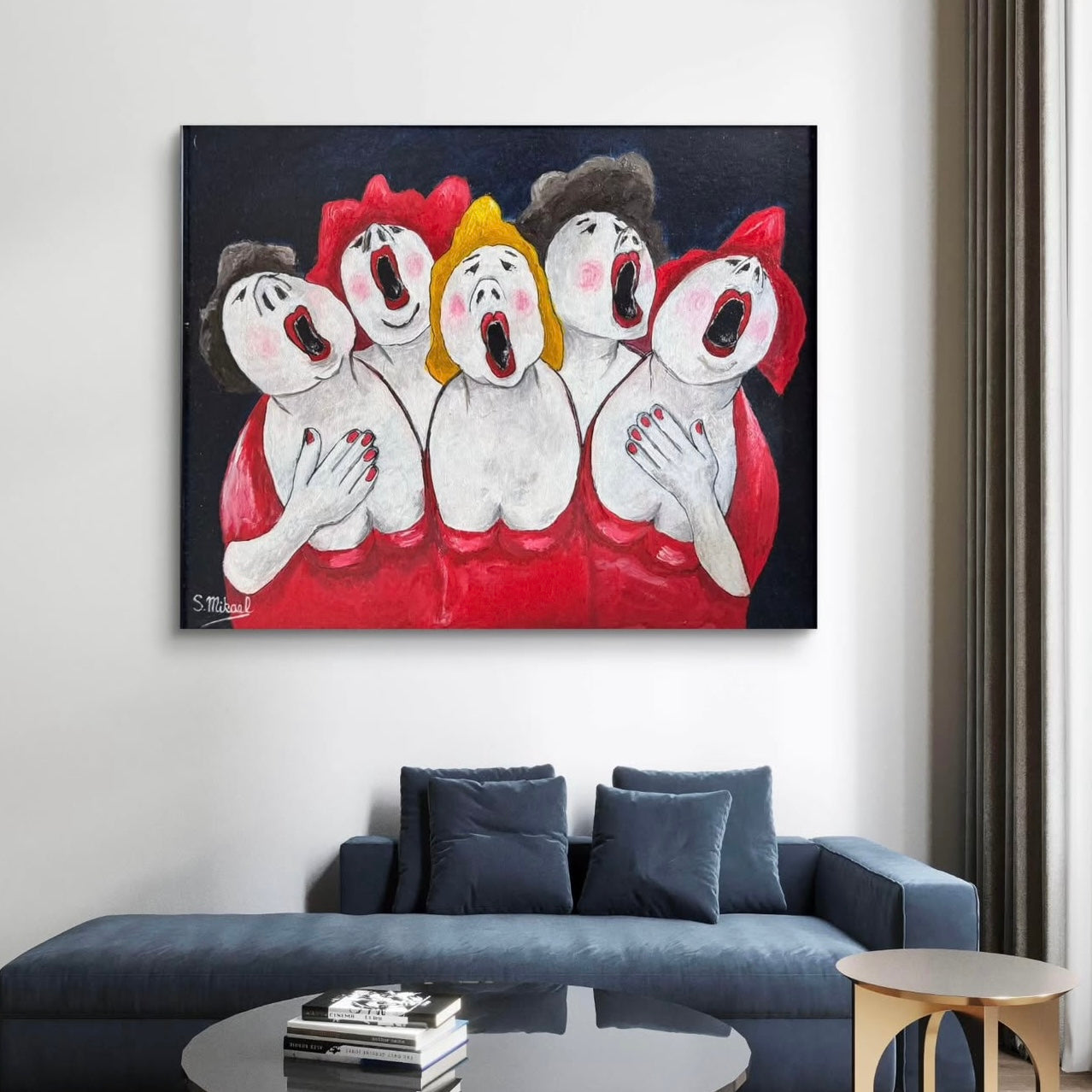 Five cartoon-like figures with red dresses and open mouths on a black background