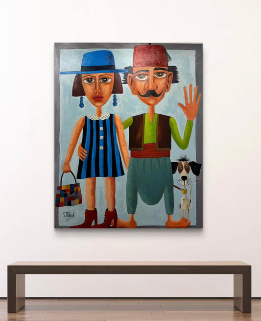 Framed artwork of two stylized figures and a dog 