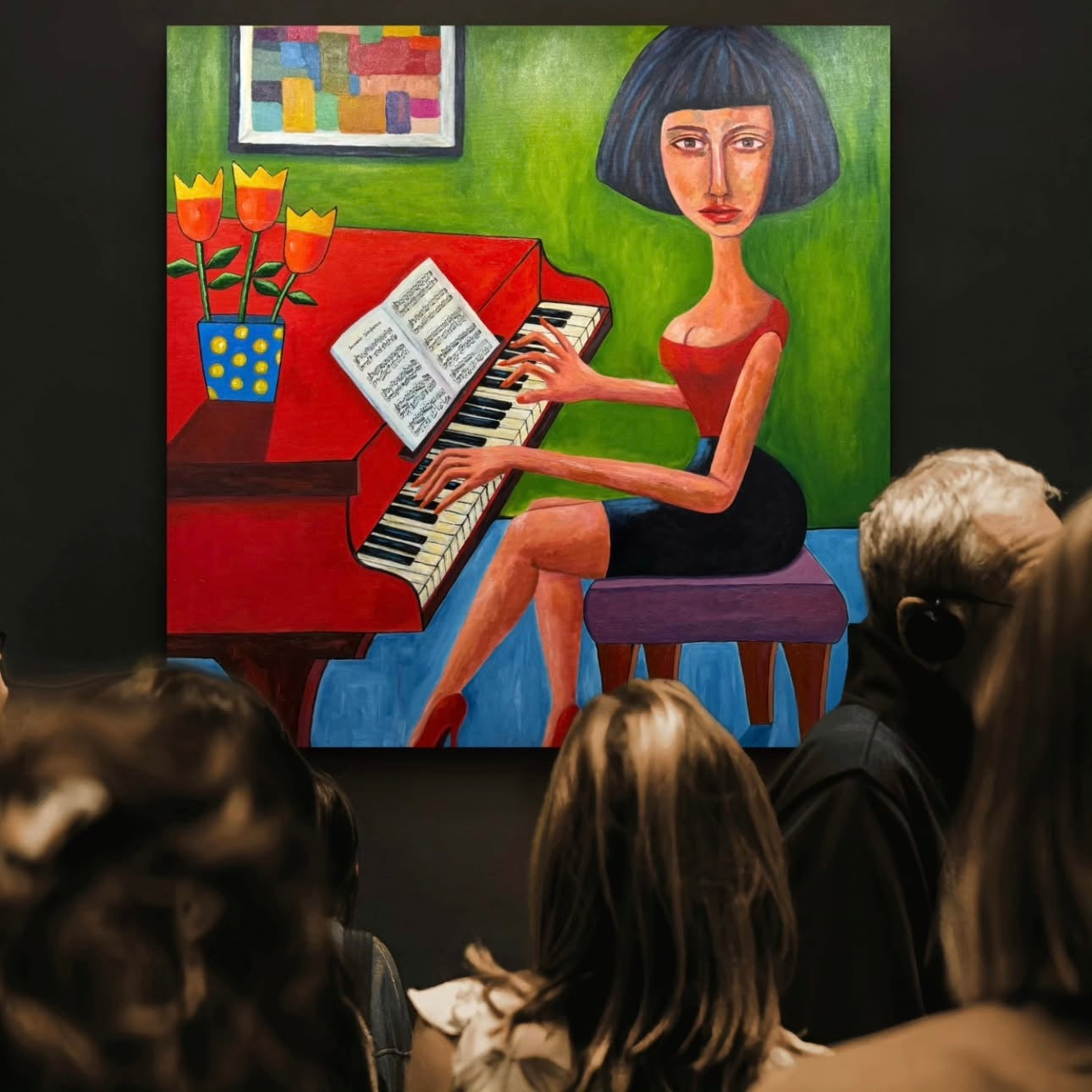 Painting of a woman playing a red piano with a colorful abstract painting in the background.