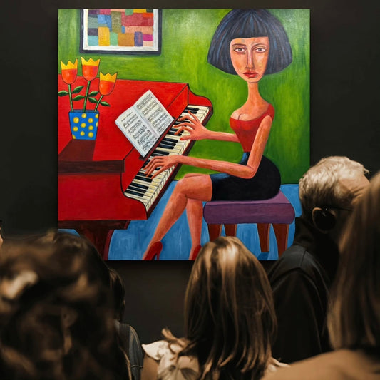 Painting of a woman playing a red piano with a colorful abstract painting in the background.