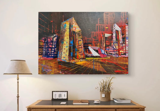 Colorful abstract cityscape with geometric shapes and patterns