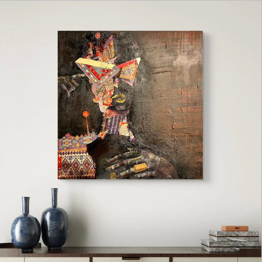 Abstract painting with geometric patterns and textures on a textured background