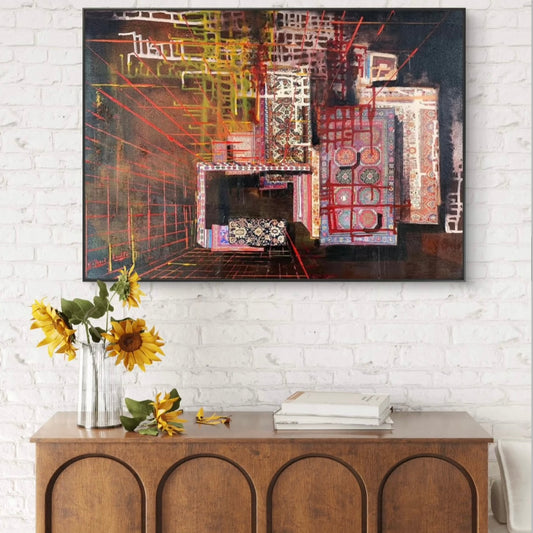 Abstract artwork with geometric shapes and vibrant colors on a dark background