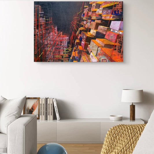 Abstract artwork with geometric shapes and vibrant colors on a dark background