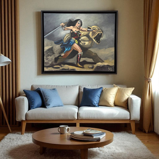 Painting of a superheroine in a dynamic pose with a large creature in the background.