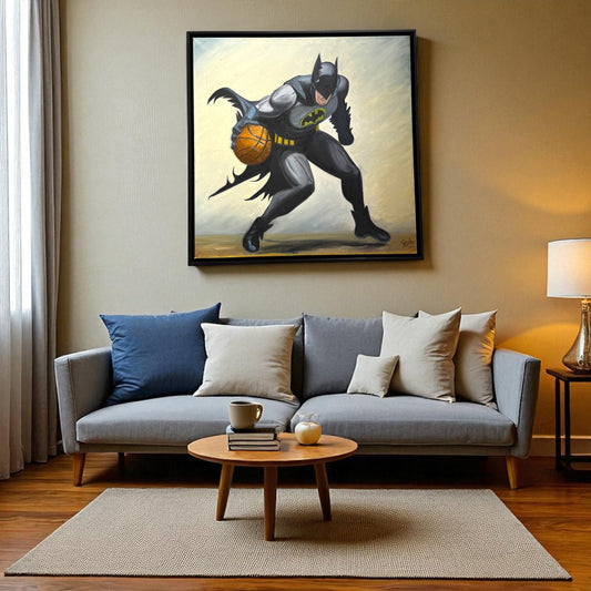 Batman holding a basketball on a beige background
