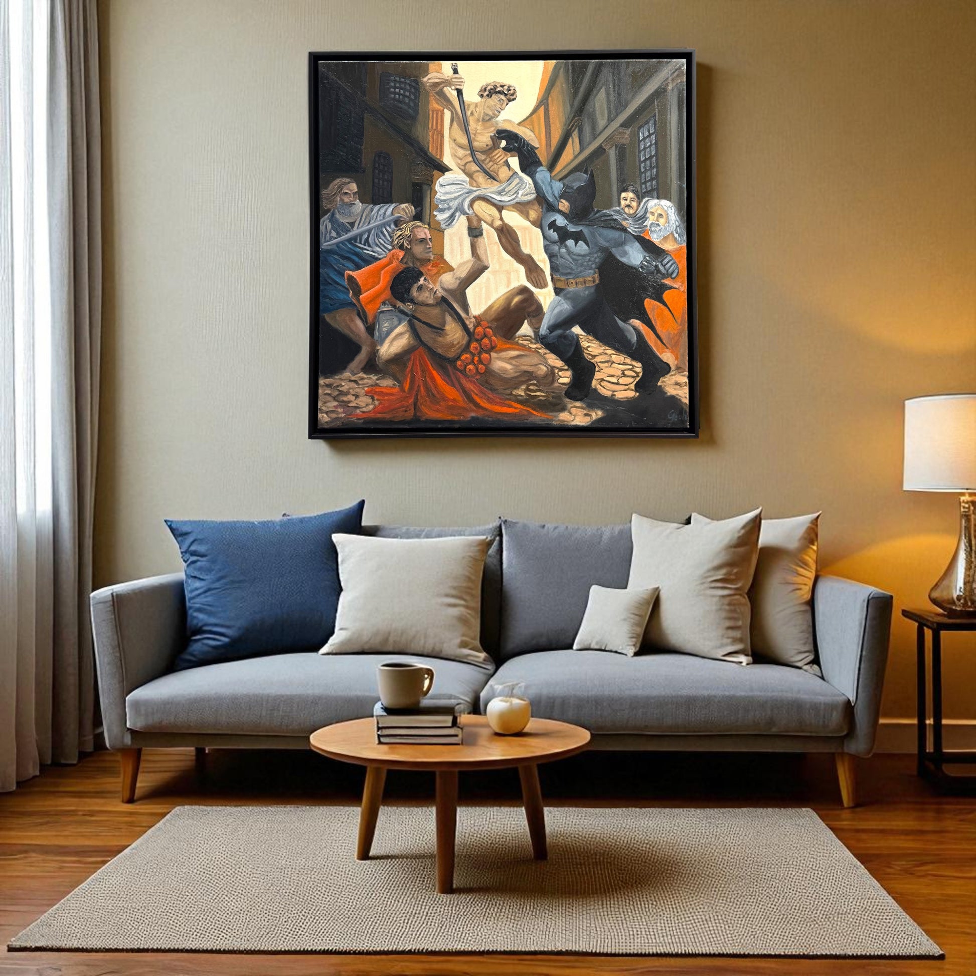 Batman in a dynamic pose with classical sculpture and people in the background