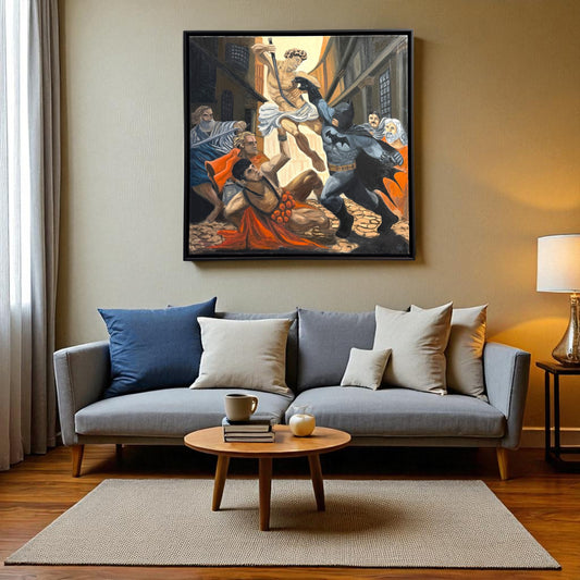 Batman in a dynamic pose with classical sculpture and people in the background