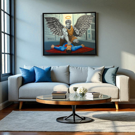 Superman lying on a bed with an angel standing over him, holding a halo.