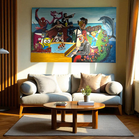 Colorful painting of a clown playing piano with various characters in a garden setting