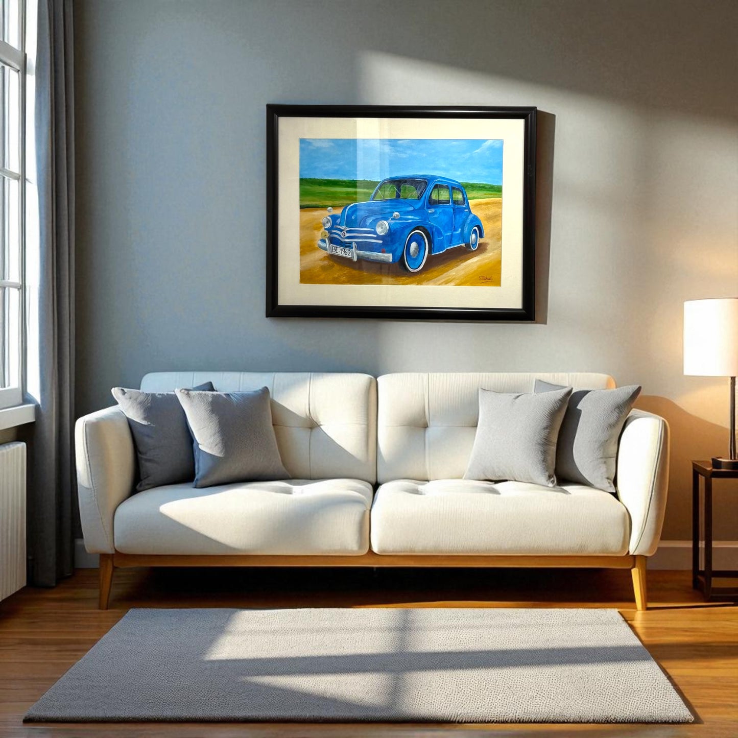 framed picture of a blue antique car 