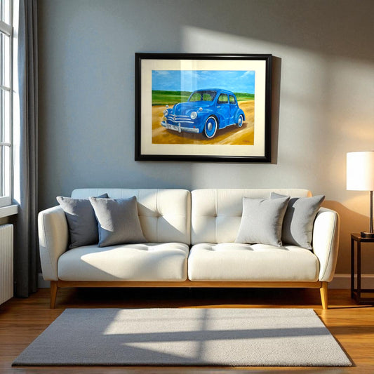 framed picture of a blue antique car 