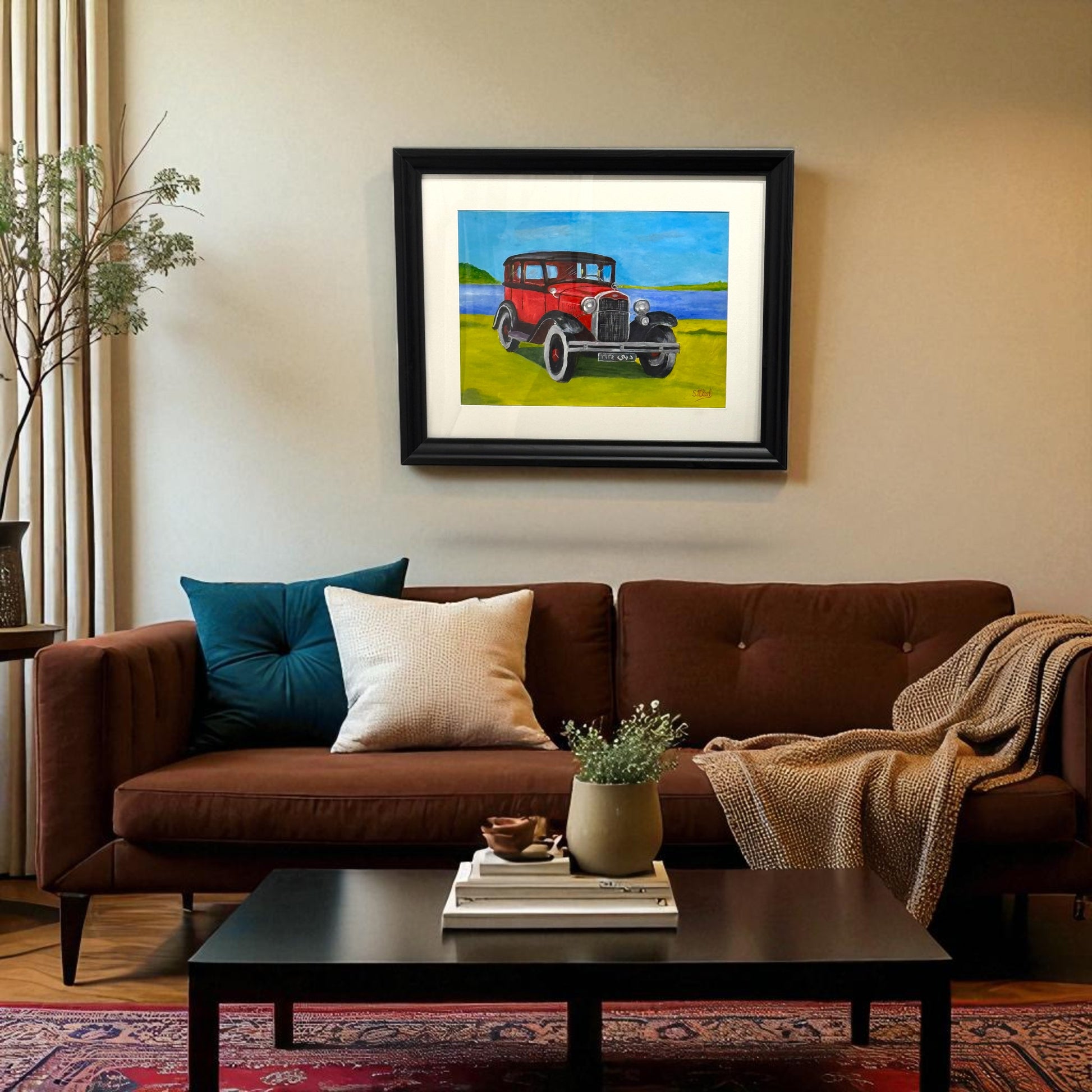 painting of a red car 