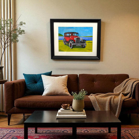 painting of a red car 