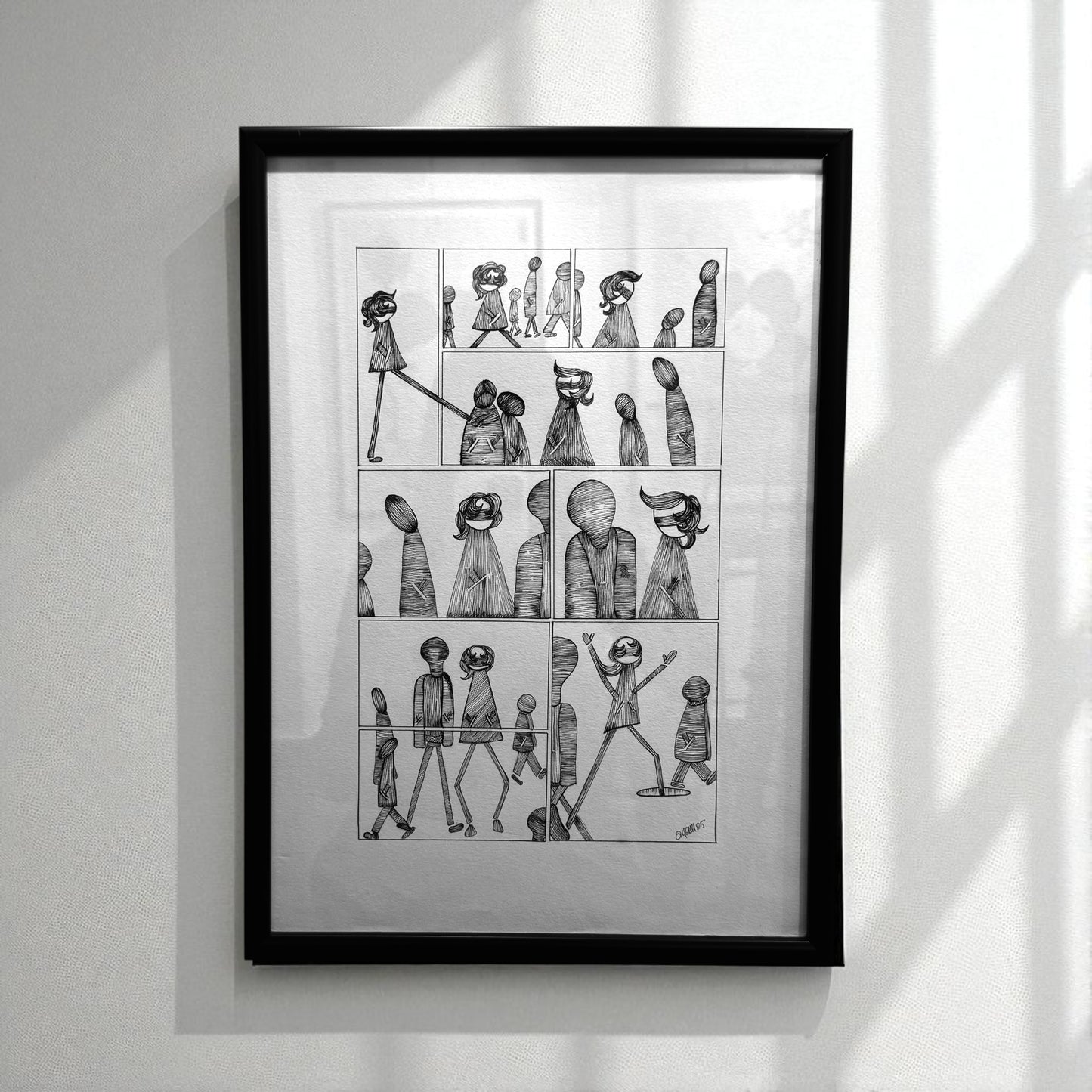 Framed black and white illustration 