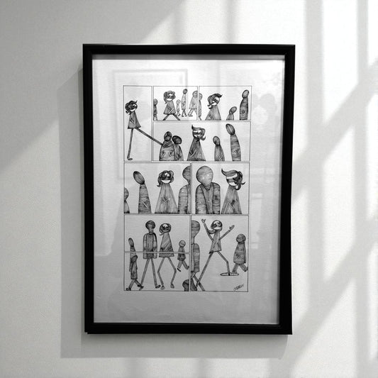 Framed black and white illustration 