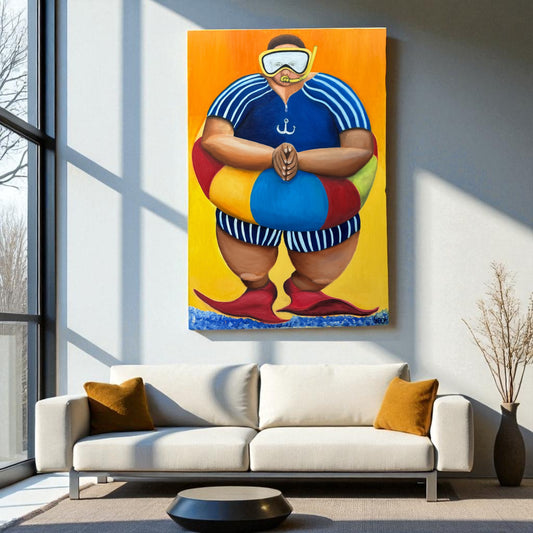 Colorful painting of a person wearing a life buoy and diving mask on a yellow background