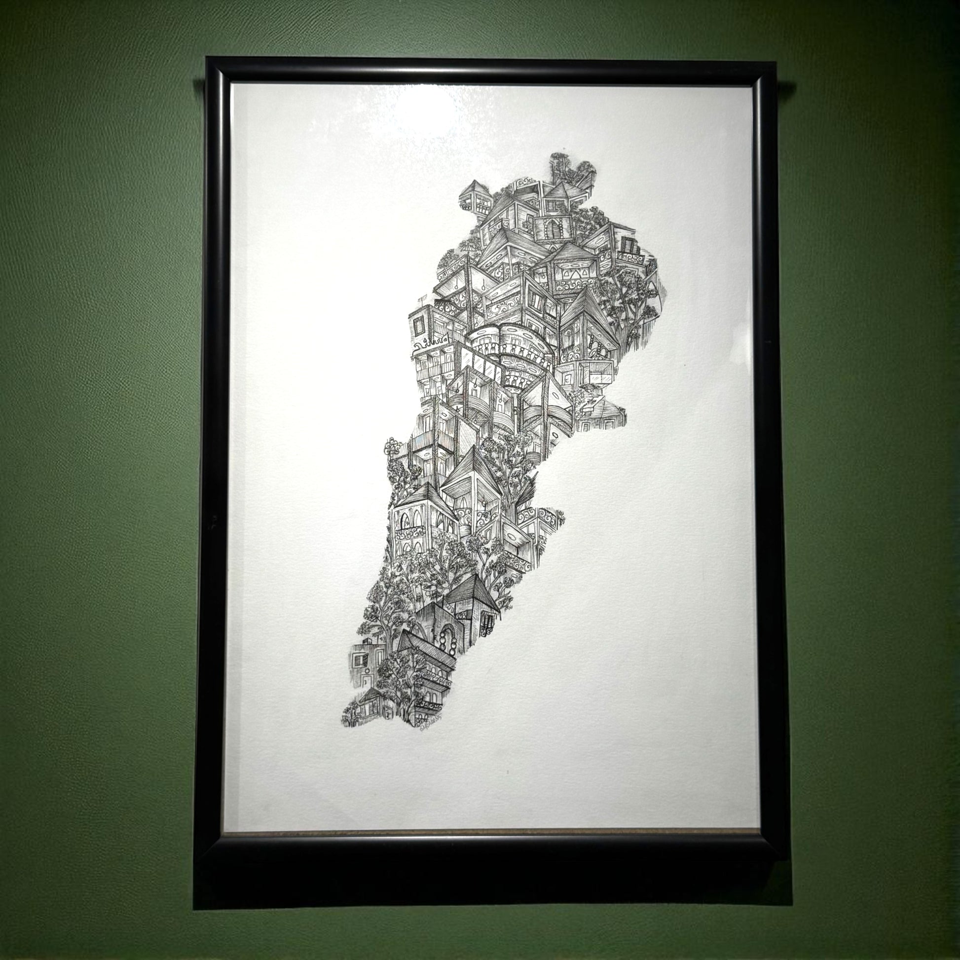 Framed black and white Lebanese map 