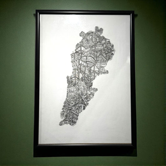 Framed black and white Lebanese map 