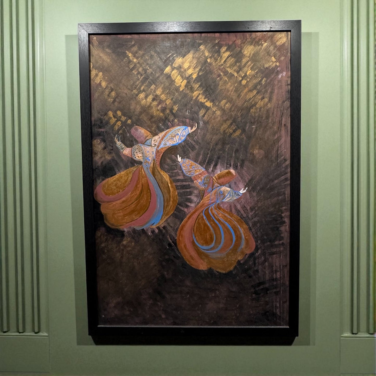 Artistic depiction of two figures in flowing robes on a textured background, framed 