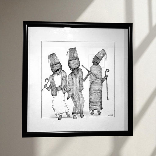 Framed black and white artwork of three figures with hats 