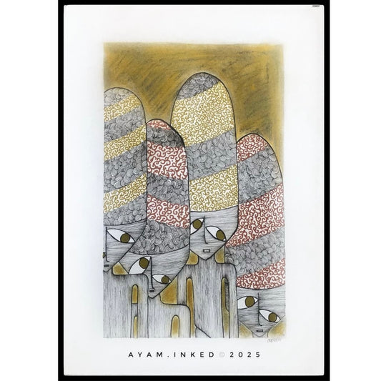 Artistic depiction of two stylized figures with patterned heads