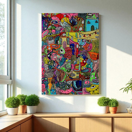 Colorful abstract artwork with various shapes and patterns on a white background
