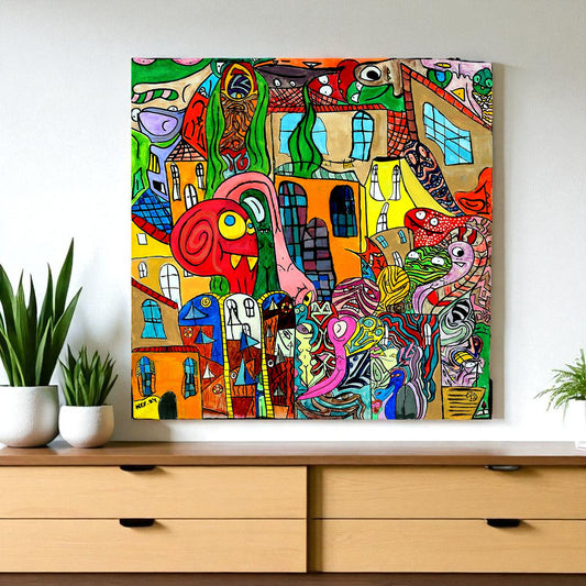 Colorful abstract artwork with various shapes and patterns