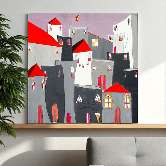 Abstract art piece with colorful buildings and a kite on a purple background
