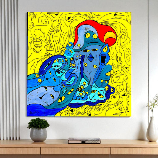 Abstract artwork with blue and red figures on a yellow background