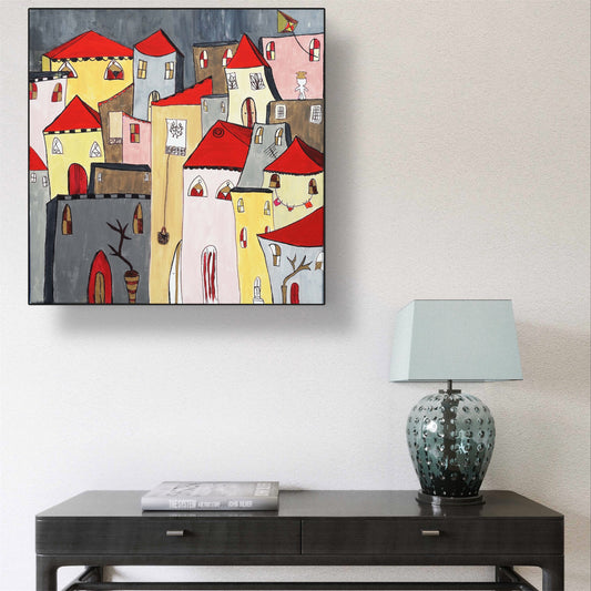 Colorful abstract depiction of a village with red roofs on a gray background