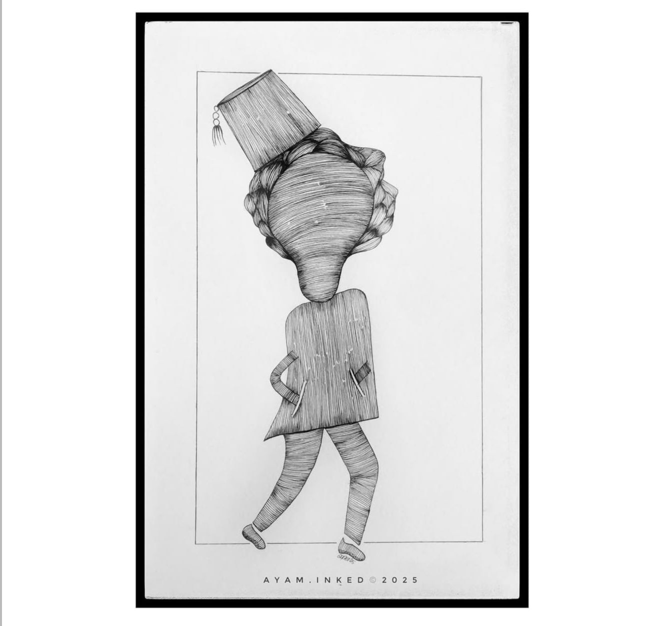 Black and white illustration of a person with a unique hat design
