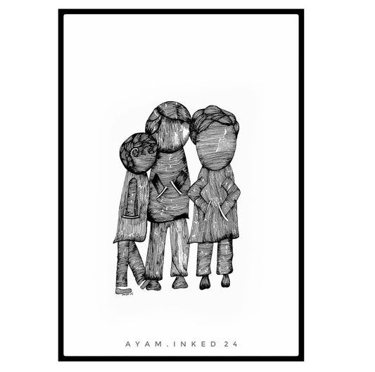 Black and white illustration of three people hugging on a white background 