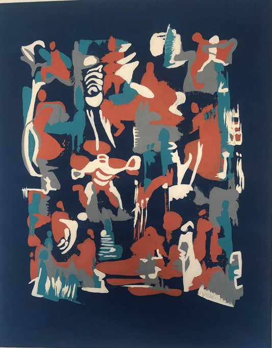 Abstract artwork with colorful figures on a dark blue background