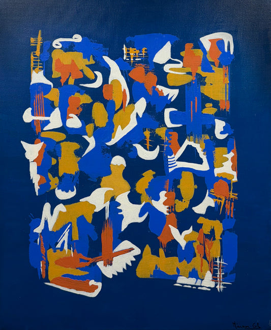 Abstract artwork with geometric shapes in blue, orange, and white on a dark background