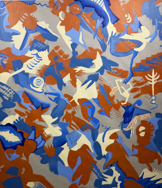 Abstract artwork with blue, orange, and white shapes on a gray background