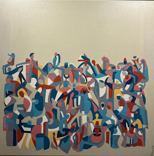 Abstract artwork with colorful geometric figures on a beige background