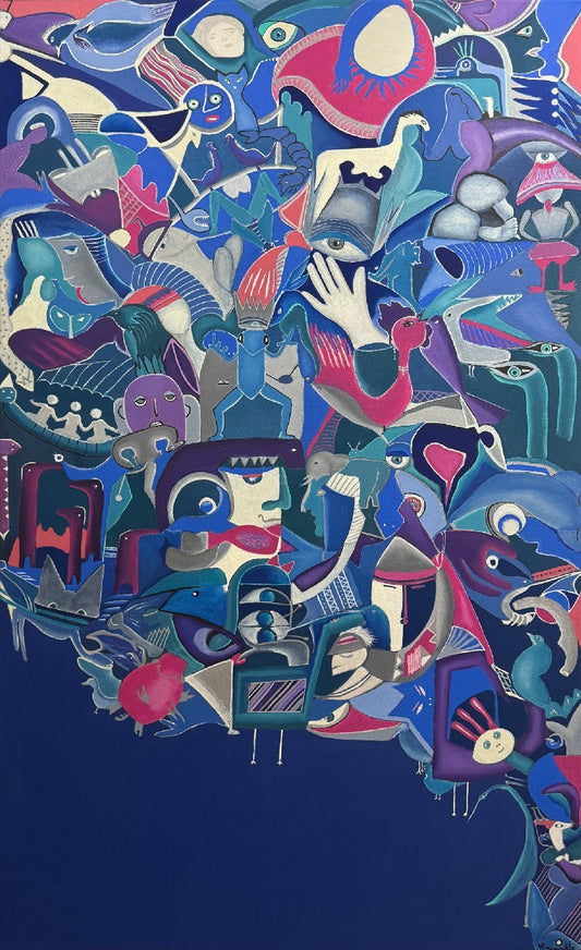 Abstract artwork with colorful geometric shapes on a dark blue background